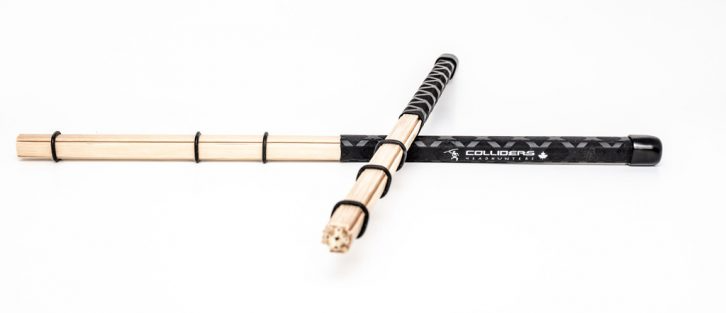 HeadHunters Colliders drum sticks — 4 bamboo rods, 4 bamboo slats, adjustable O-rings, unbanded free interplay, Made in Canada