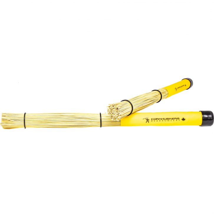 HeadHunters Cornhuskers — premium sorghum broom corn bundle with 2 O-rings and gripped handle. Loud cymbal attack and definition. Made in Canada.