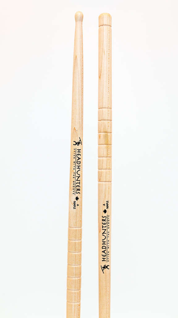 HeadHunters Maple Grooves A drumsticks, 14.50mm Canadian maple with precision-cut lathed grooves, isolated on white background