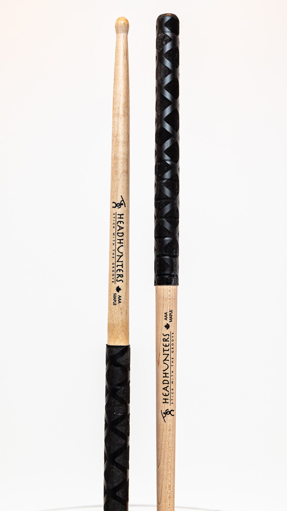 HeadHunters Maple Grooves AAA BX drumsticks — 16.25mm Canadian maple with lathed grooves and BX double X grip. Made in Canada
