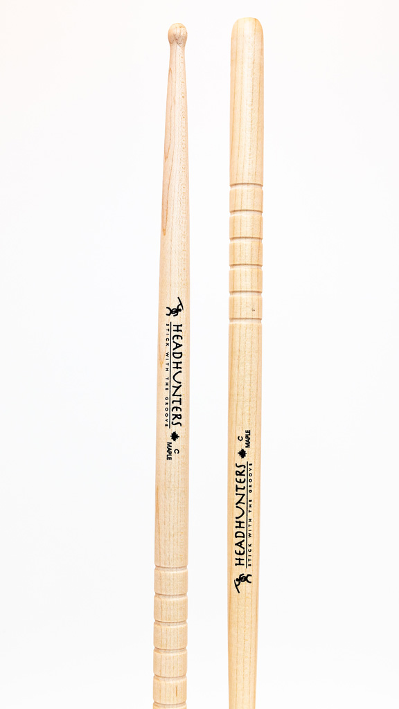 HeadHunters Maple Grooves C drumsticks, 16mm Canadian maple with precision-cut lathed grooves, isolated on white background
