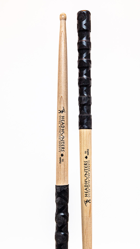 HeadHunters Maple Grooves LLL BX drumsticks, 17.5mm Canadian maple with prominent lathed grooves and BX double X pattern grip, isolated on white background. Made in Canada