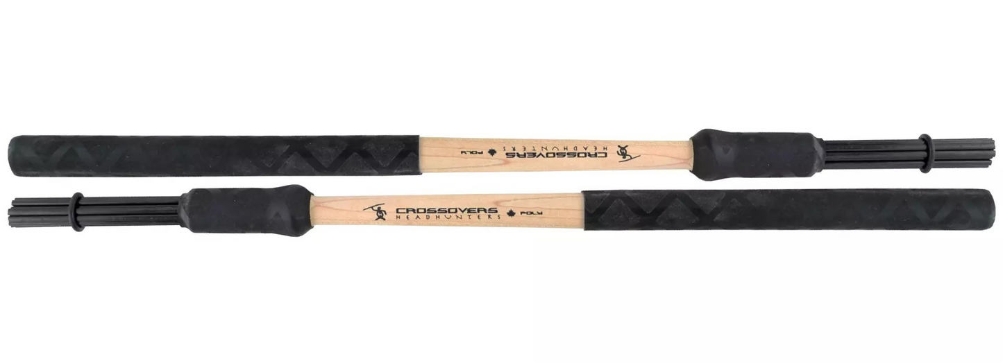 Crossovers Poly hybrid drum sticks feature lathed maple shaft with centre bore and semi-rounded poly bundle. Grip Control for increased durability and attack.