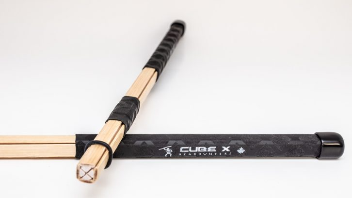 HeadHunters Cube-X drum sticks — square core cross-cut to sweet spot, premium bamboo slats, quiet dense specialty stick, Made in Canada