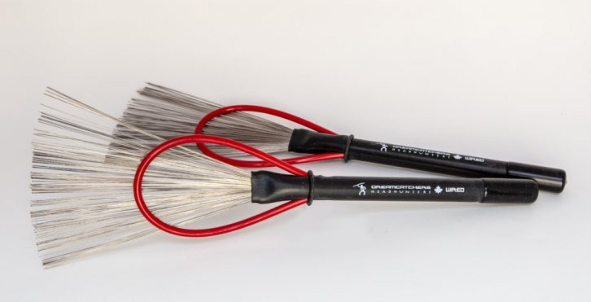 Dreamcatchers WIRED patented hybrid drum brush — a braided nylon hoop, maximum tonal control and adjustability. Made in Canada by HeadHunters.