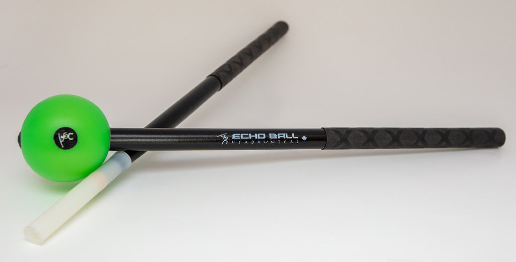 HeadHunters Echo Ball — a 2-piece cymbal effect system producing spacey wah-wah tones. Unique hybrid mallet, Made in Canada.