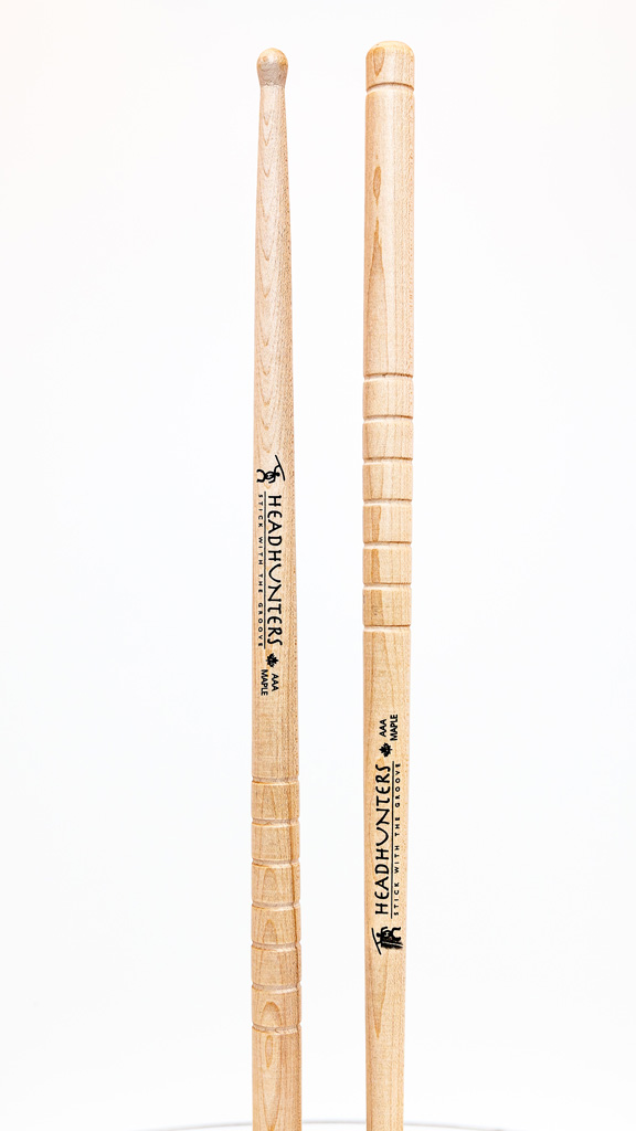 HeadHunters Maple Grooves AAA drumsticks, 15.50mm Canadian maple with precision-cut lathed grooves, isolated on white background