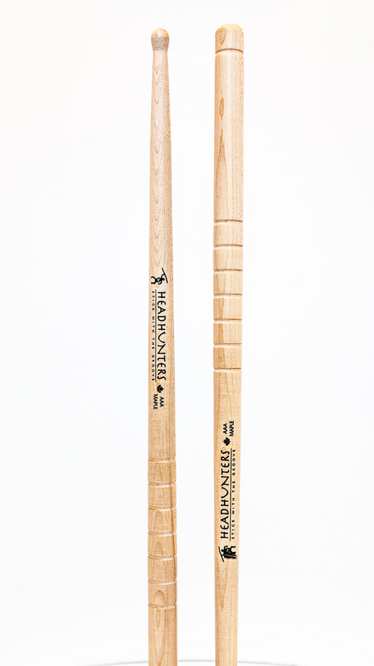 HeadHunters Maple Grooves AAA drumsticks, 15.50mm Canadian maple with precision-cut lathed grooves, isolated on white background