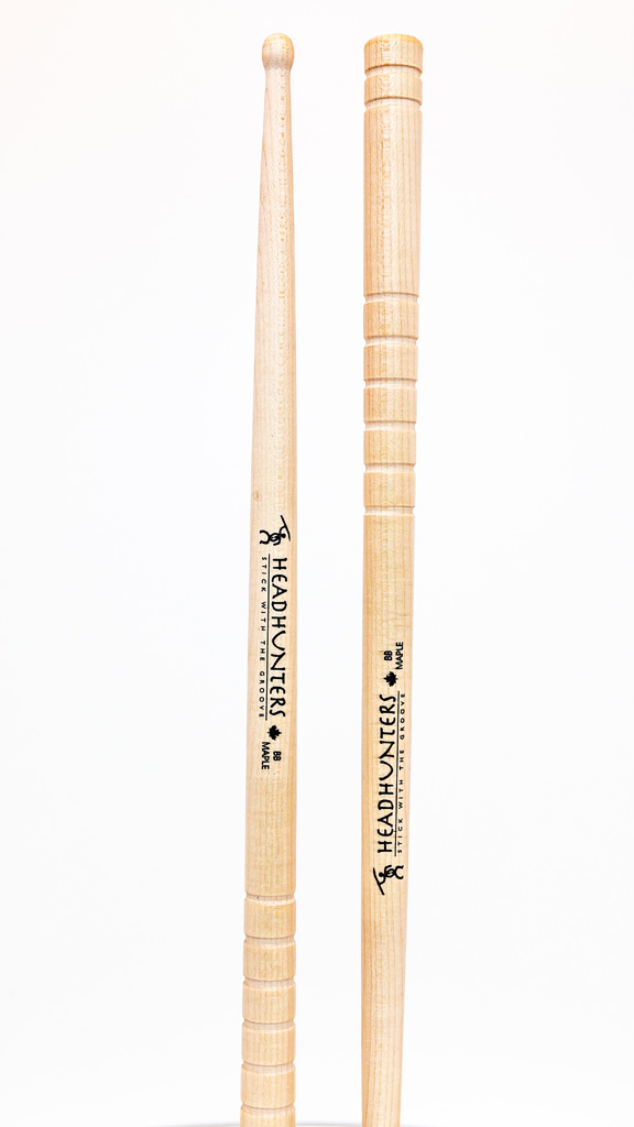 HeadHunters Maple Grooves BB drumsticks — Canadian maple with precision-cut lathed grooves. Made in Canada