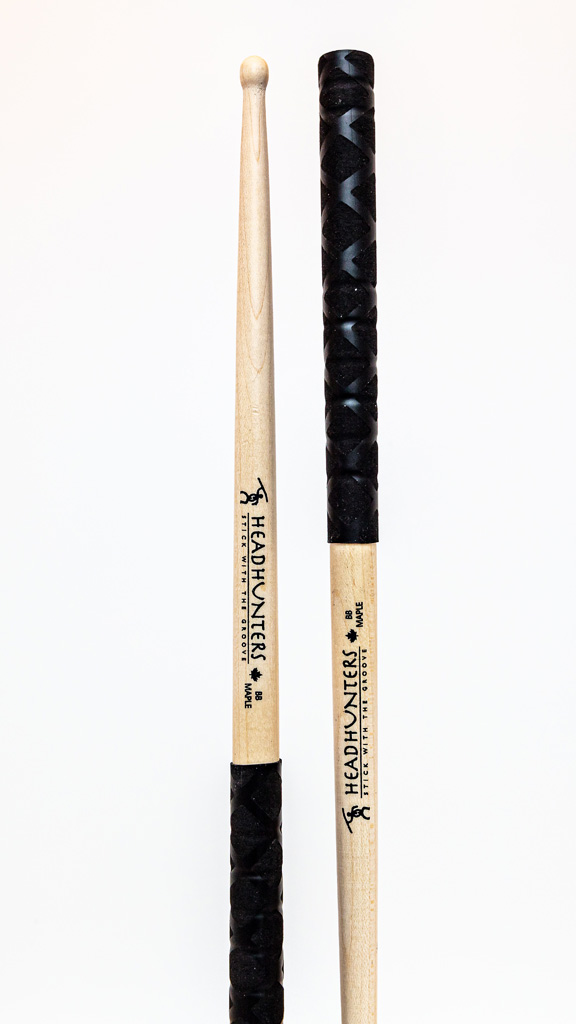 HeadHunters Maple Grooves BB BX drumsticks — Canadian maple with lathed grooves and BX double X grip. Made in Canada