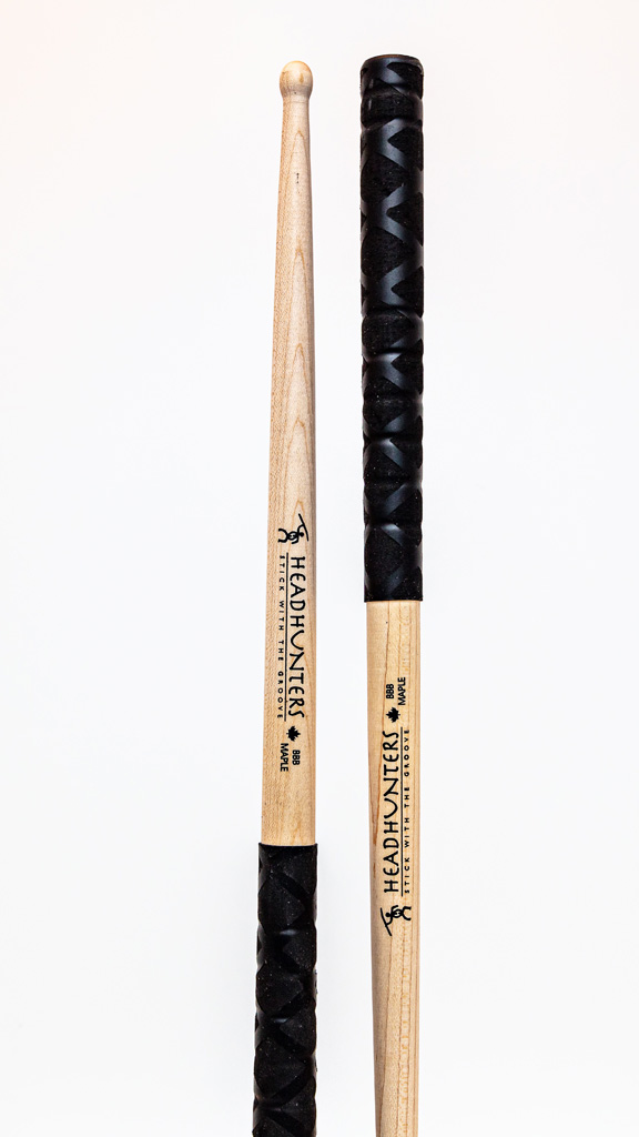 HeadHunters Maple Grooves BBB BX drumsticks — Canadian maple with lathed grooves and BX double X grip. Made in Canada