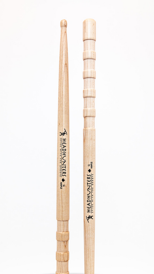 HeadHunters Maple Grooves LL — 405mm, 16.30mm Canadian maple drumsticks with precision-cut lathed grooves and rounded tip for power and presence.  Made n Canada