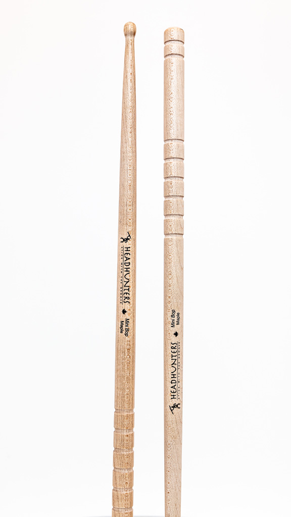 HeadHunters Maple Grooves Mini Bop drumsticks — compact Canadian maple with lathed grooves. Made in Canada