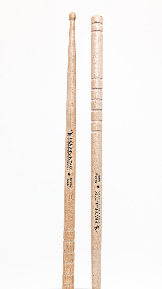 HeadHunters Maple Grooves Mini Bop drumsticks — compact Canadian maple with lathed grooves. Made in Canada