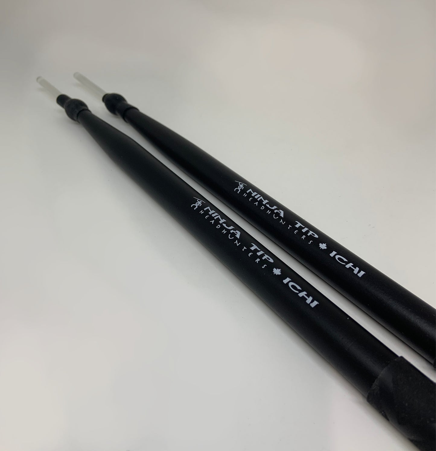 HeadHunters Ninja Tip Ichi hybrid drumstick — maple 5B with polycarbonate rod and surgical tubing — Made in Canada"