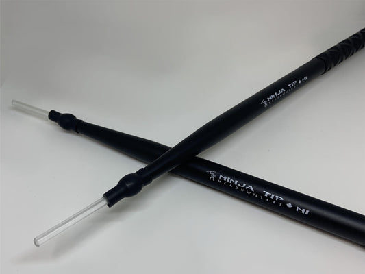 HeadHunters Ninja Tip NI hybrid drumstick — maple 2B with polycarbonate rod and surgical tubing — Made in Canada