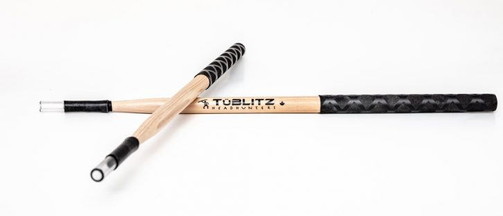 HeadHunters Tüblitz hybrid drum sticks — hickory 5B platform, polycarbonate tube tip, dark cymbal tone, Made in Canada