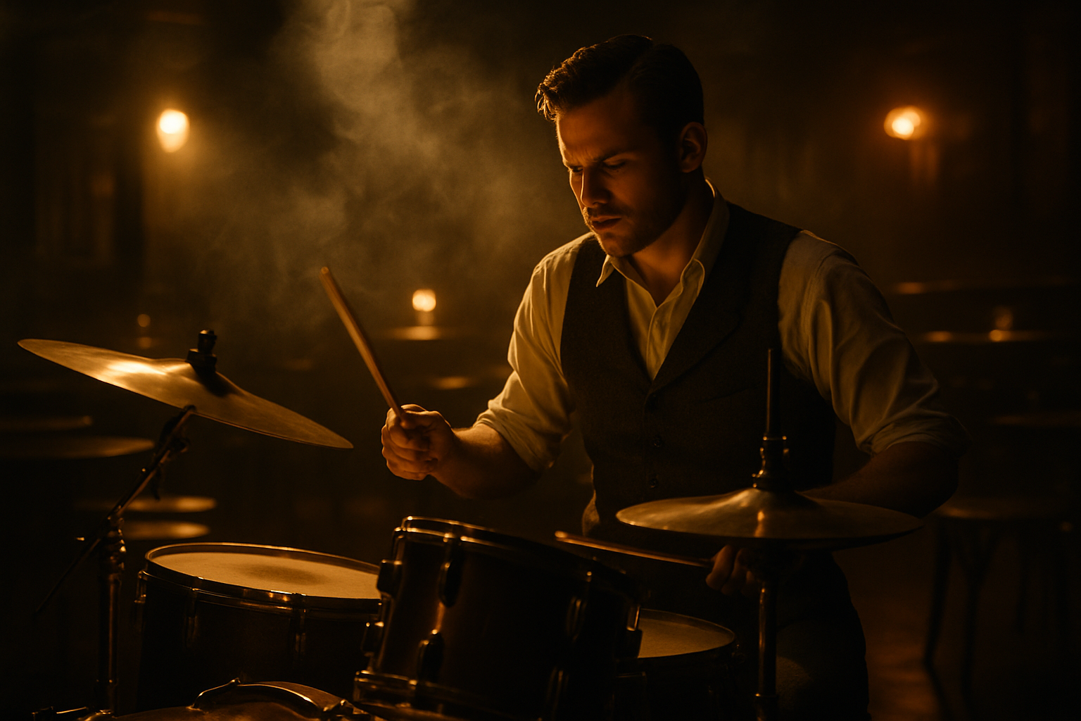 a savvy drummer in a dark and smoky jazz bar